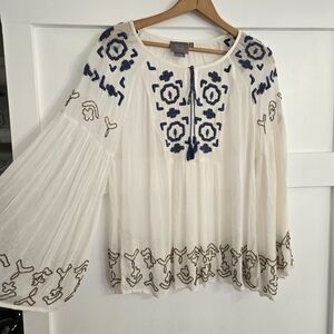 Boho Chic White and Blue Embroidered Blouse